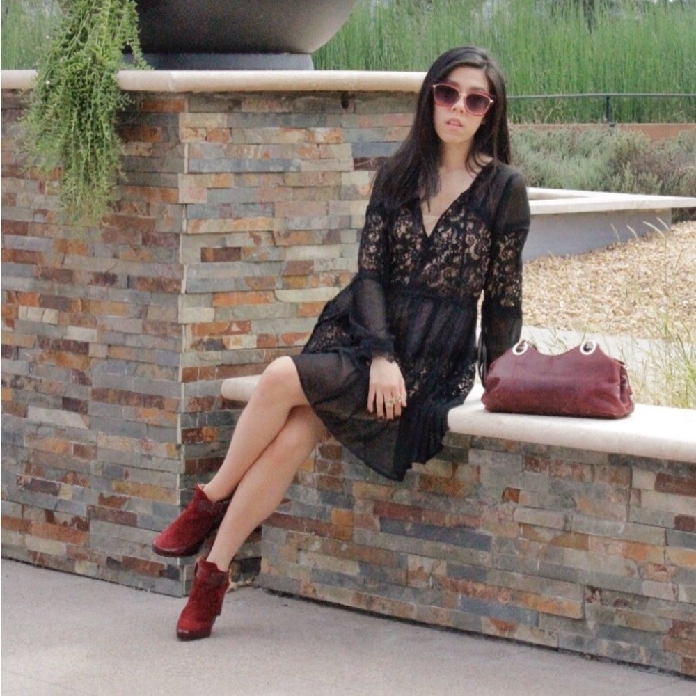 Sheer Black Eyelash Lace Long Sleeve Dress
